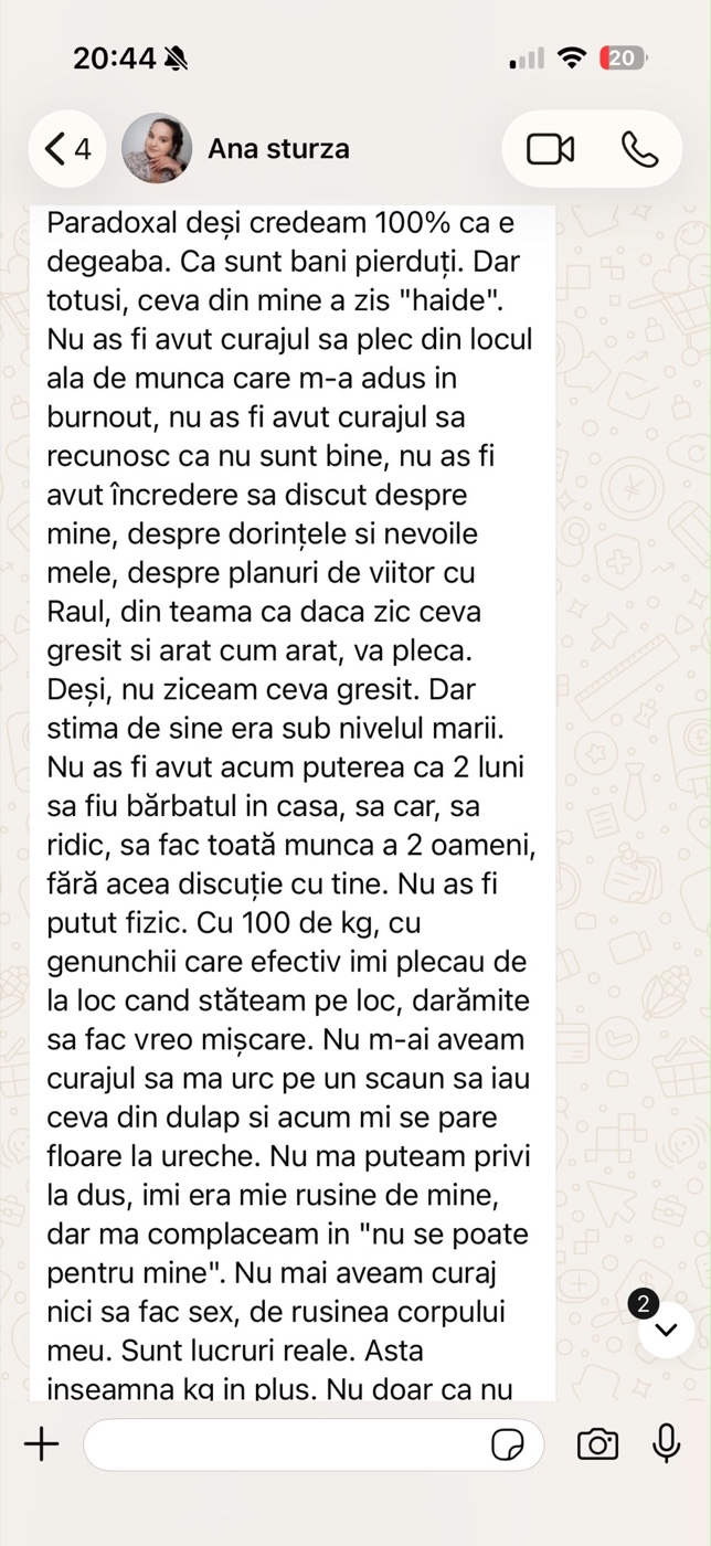 Mesaj primit de la o clientă despre experiența ei cu sistemul Change Yourself For Life