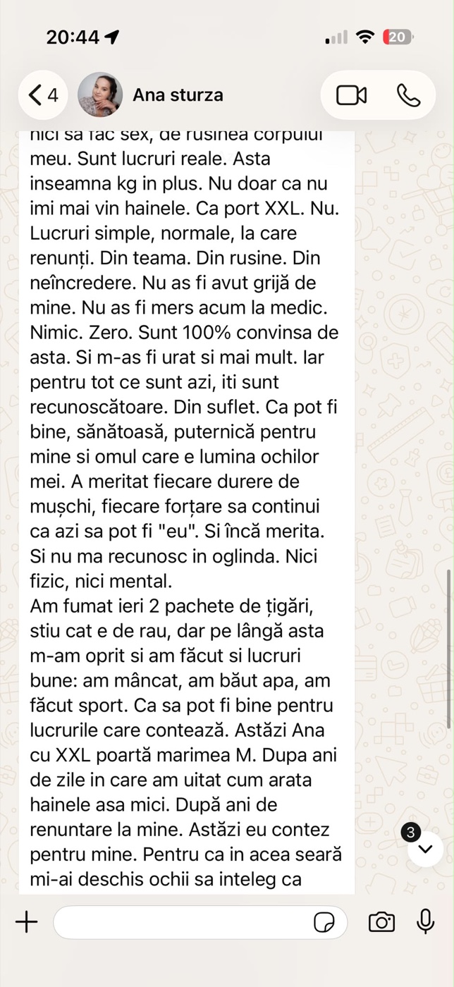 Mesaj primit de la o clientă despre experiența ei cu sistemul Change Yourself For Life