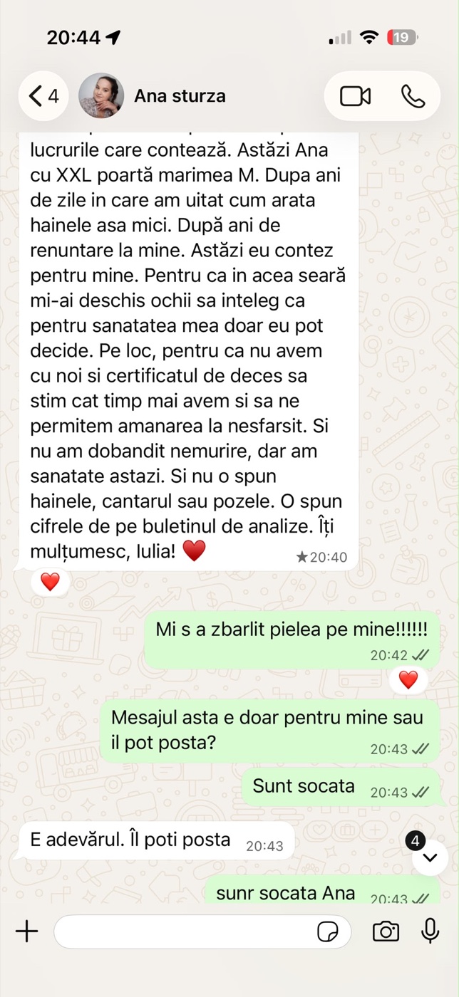 Mesaj primit de la o clientă despre experiența ei cu sistemul Change Yourself For Life