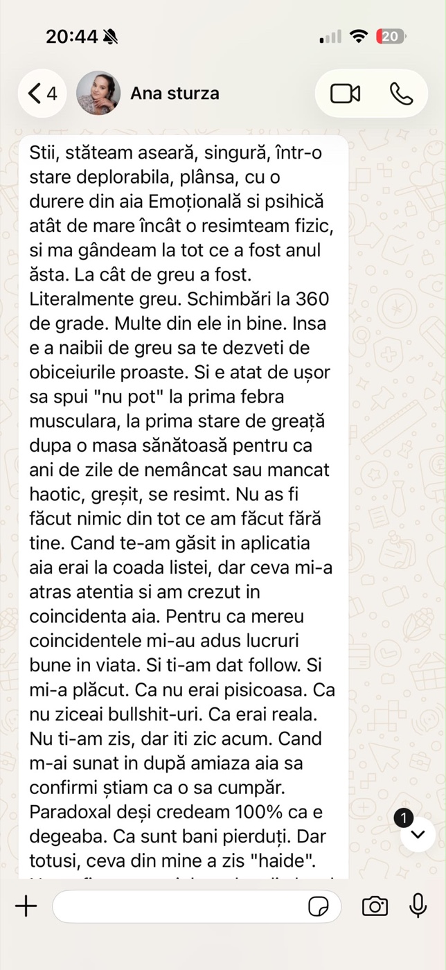 Mesaj primit de la o clientă despre experiența ei cu sistemul Change Yourself For Life