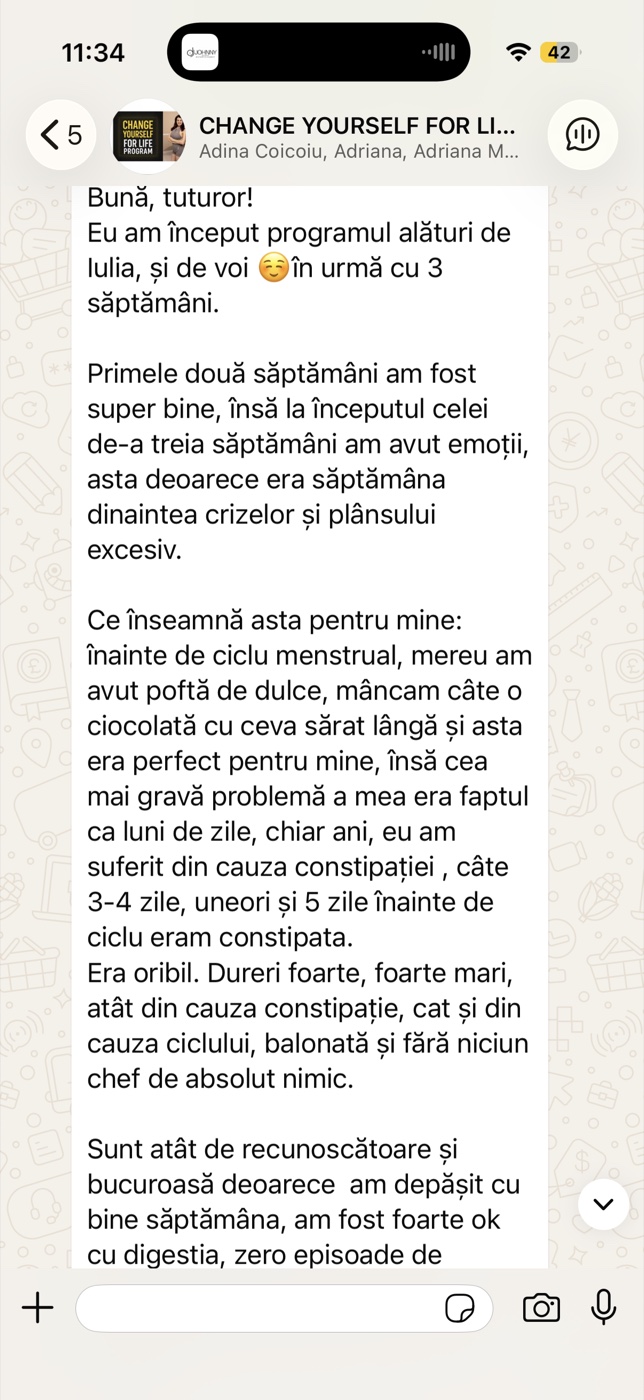 Mesaj primit de la o clientă despre experiența ei cu sistemul Change Yourself For Life
