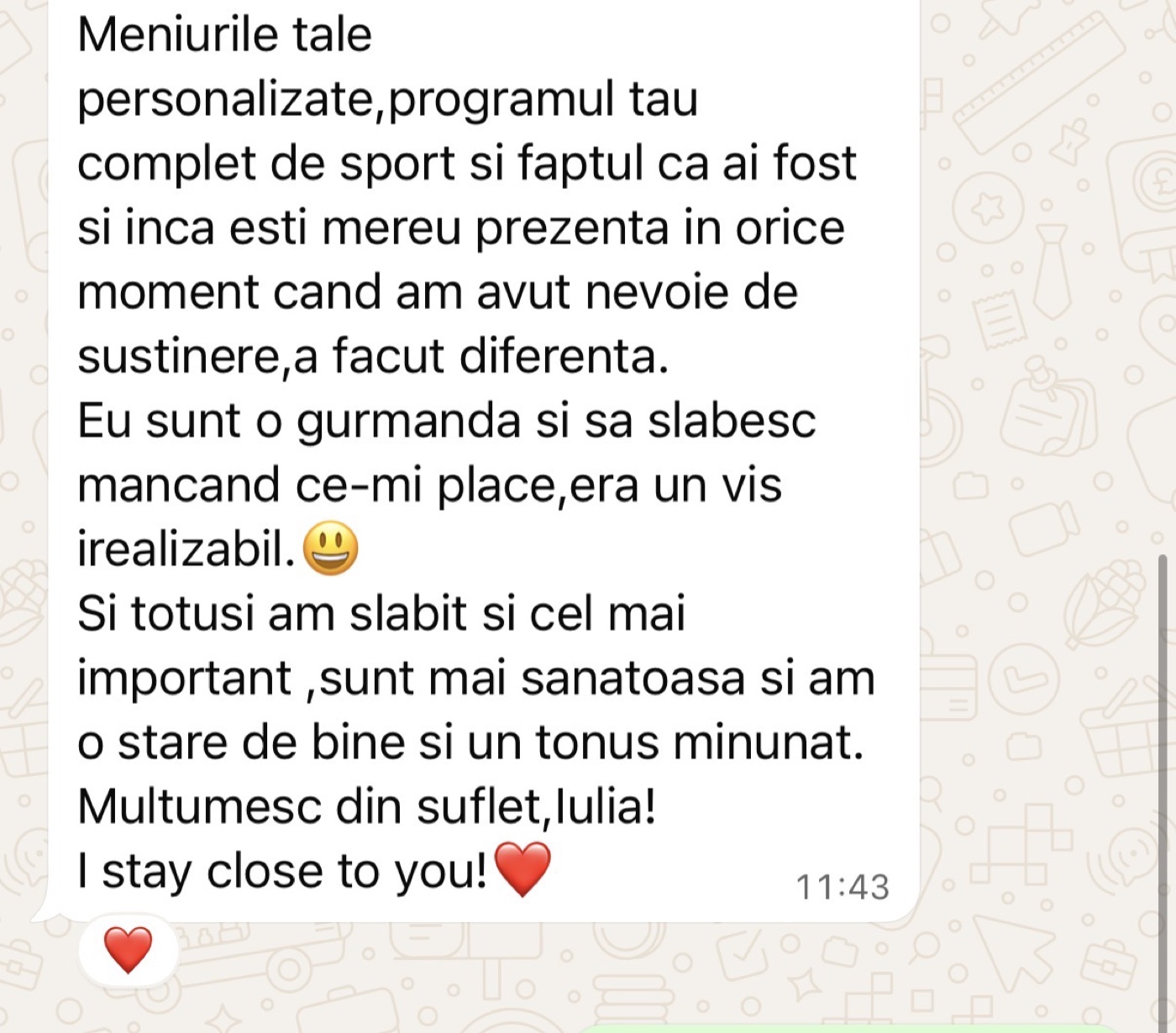 Mesaj primit de la o clientă despre experiența ei cu sistemul Change Yourself For Life