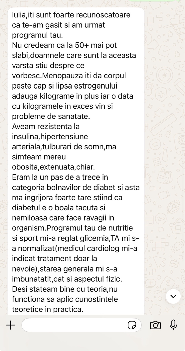 Mesaj primit de la o clientă despre experiența ei cu sistemul Change Yourself For Life