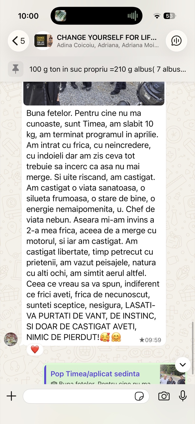 Mesaj primit de la o clientă despre experiența ei cu sistemul Change Yourself For Life