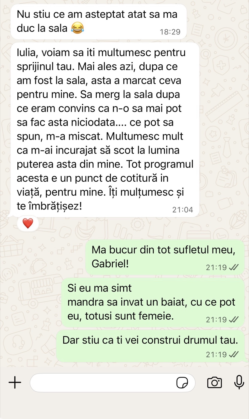 Mesaj primit de la o clientă despre experiența ei cu sistemul Change Yourself For Life