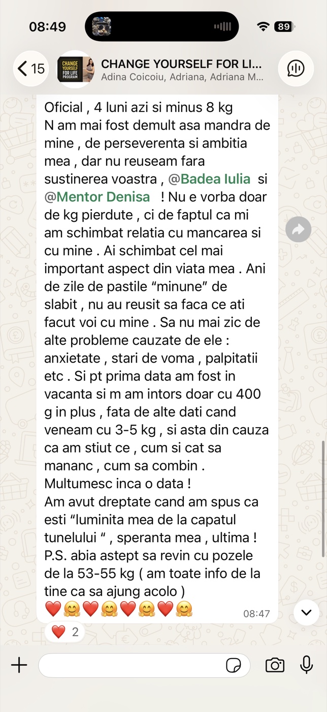 Mesaj primit de la o clientă despre experiența ei cu sistemul Change Yourself For Life