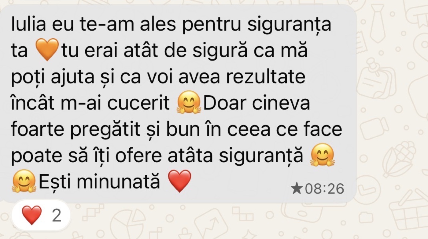 Mesaj primit de la o clientă despre experiența ei cu sistemul Change Yourself For Life